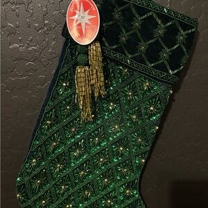 Christopher Radko Green Gabel Beaded Christmas Stocking NWT